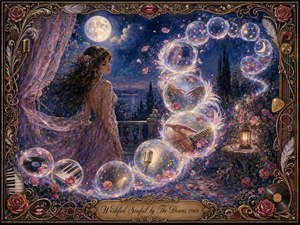 A dreamy moonlit garden frames a graceful woman in flowing lavender, surrounded by roses, drifting petals, and glowing feathered bubbles curving in an S-shape. Deep blues, violets, rose, and gold create a wistful romantic mood, while musical symbols, instruments, red lips, and ornate Art Nouveau details enrich the luminous watercolor-gouache composition.