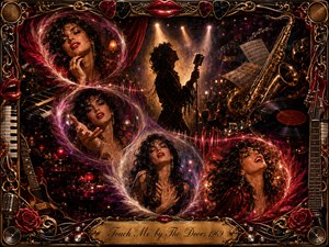 A sensual, theatrical nightclub fantasy unfolds in deep crimson, gold, black, and smoky purple. Feathered bubbles sweep in an S-curve around expressive red-lipped portraits, while a silhouetted singer, saxophone, piano, vinyl, and glowing music notes fill the stage. Warm spotlights, ornate metallic framing, roses, and musical details create lavish vintage-rock drama.