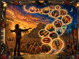 A charismatic singer faces a joyful outdoor crowd beneath a blazing sunset fading into starry blue night. Glowing feather-like bubbles sweep upward in an S-curve, revealing instruments, smiling lips, sound waves, and concert scenes. Rich acrylic-style textures, golden light, psychedelic color, and an ornate music-themed frame create a triumphant communal mood.