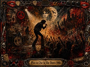 A shadowy rock singer leans into the microphone before a surging crowd beneath a ghostly moon and storm-lit city skyline. Fiery reds, burnt orange, black, and bronze create a tense, rebellious mood. Gritty mixed-media textures, smoke, raised hands, guitars, chains, roses, skulls, and ornate metal framing intensify the dramatic concert atmosphere.