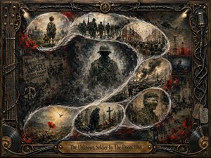 A ghostly, faceless soldier stands amid swirling smoke as feathered memory bubbles trace an S-shaped timeline of childhood, marching troops, battle, mourning, and fragile hope. Somber grays, sepia, olive, and vivid red poppies heighten the anti-war mood. Mixed-media textures, dramatic lighting, barbed wire, musical details, and an ornate bronze frame complete the haunting composition.