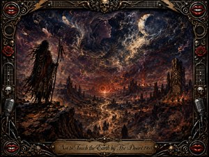 A lone shamanic wanderer overlooks a vast, fiery desert canyon beneath a turbulent moonlit sky filled with ghostly faces, feathers, and swirling spirits. Deep indigo, crimson, copper, and ember tones heighten the apocalyptic mood. An ornate gothic rock-and-roll frame of skulls, roses, microphones, strings, and red lips surrounds the richly textured digital painting.