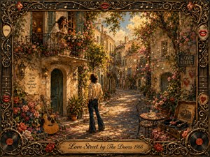 A romantic, sunlit street winds between flower-covered houses as a young man gazes toward a woman leaning from a balcony. Warm gold, rose, cream, and green tones create a dreamy late-1960s mood. Painterly textures, drifting musical notes, guitars, vinyl records, roses, and ornate wrought-iron framing enrich the nostalgic composition.