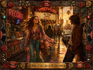 A richly textured oil painting captures a confident young woman strolling through a glowing 1960s city street as an admirer watches nearby. Golden sunset, neon signs, wet pavement, and saturated reds, ambers, and teals create a romantic, electric mood. An ornate rock-themed frame surrounds the cinematic scene with lips, roses, records, music symbols, and brass detailing.