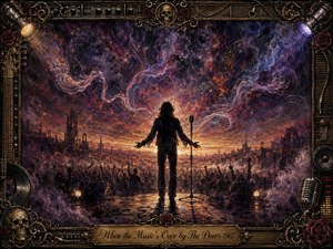 A lone silhouetted singer stands before a vast crowd as the final music dissolves into swirling cosmic smoke and fading light. Deep purples, crimson, indigo, and molten gold create a mystical, apocalyptic mood. Ornate skulls, roses, speakers, cables, and vintage stage hardware frame the richly textured psychedelic digital painting.