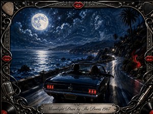 A vintage convertible glides along a moonlit coastal highway beside a shimmering dark-blue sea, creating a romantic, mysterious nocturnal mood. Silver reflections, stars, palms, and swirling musical forms surround the scene, while an ethereal face appears in the clouds. An ornate chrome, vinyl, guitar-string, microphone, and red-lips frame completes the richly detailed digital painting.