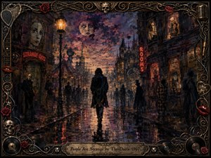 A solitary figure walks down a rain-slicked, surreal city street crowded with shadowy strangers, distorted faces, and glowing signs. Dusky purples, smoky blues, amber lamps, and red neon create an eerie, dreamlike mood. Painterly mixed-media textures, reflections, gothic details, and an ornate rock-inspired frame intensify the feeling of isolation.
