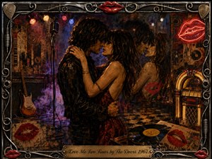 A passionate couple embraces in a smoky 1960s nightclub, their mirrored reflection suggesting love repeated twice. Crimson lips, neon glow, a vintage microphone, electric guitar, jukebox, and spinning record enrich the scene. Deep reds, amber, violet, and black create a sensual, urgent mood within an ornate metallic rock-inspired frame.