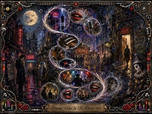 A surreal nighttime carnival city unfolds beneath a watchful moon, with glowing bubbles spiraling in an S-curve through musicians, red lips, crowds, and mysterious figures. Deep blues, violets, crimson, and gold shimmer through neon fog. Rich mixed-media textures, ornate musical framing, and shadowy theatrical details create an eerie psychedelic dreamscape.