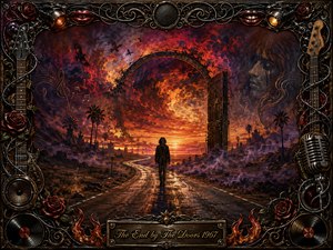 A lone figure walks down a reflective desert road toward a blazing circular portal beneath an apocalyptic sunset. Fiery oranges, crimson, violet, and black create a haunting, dreamlike mood. Painterly textures, drifting fog, ravens, palms, and musical symbols deepen the surreal atmosphere, framed by ornate guitars, roses, speakers, vinyl, flames, and chrome.