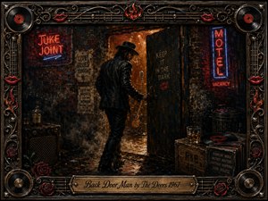 A shadowy man in a black leather jacket slips through a glowing back door into a smoky blues club, surrounded by neon signs, wet brick, whiskey, vinyl records, and musical relics. Deep blacks, burgundy reds, amber light, and electric blue create a secretive, rebellious mood, framed in ornate rock-and-roll metalwork.
