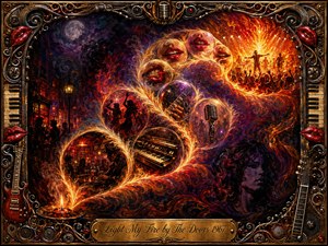 A fiery psychedelic dreamscape unfolds through glowing bubbles sweeping in an S-curve from candlelight to a blazing concert stage. Crimson lips, guitar, organ, microphone, dancers, and smoky figures emerge amid deep purples, reds, oranges, and golds. Ornate metallic rock-and-roll framing and dramatic illumination reinforce the passionate 1967 atmosphere.