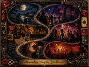 A surreal mixed-media nightscape follows a smoky S-curve through moonlit roads, shadowy streets, glowing whisky bars, cabaret dancers, and a roaring concert crowd. Deep indigo, crimson, violet, amber, and tarnished gold create a decadent, restless mood. Neon light, vintage microphones, red lips, records, whiskey glasses, and an ornate brass frame complete the scene.
