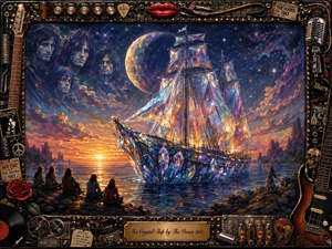 A radiant crystal ship glides across calm water beneath a cosmic twilight sky, glowing with prismatic light and mirrored reflections. Seated figures watch from the rocky shore while distant cliffs and spectral faces drift through the heavens. The mood is dreamy and mystical, rendered in lush psychedelic fantasy painting, encircled by an ornate rock-and-roll frame.
