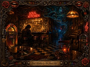 A richly detailed psychedelic diner glows with amber, red, and deep blue light as a solitary figure sits before the luminous Soul Kitchen counter. Ornate musical framing, roses, vinyl records, microphones, guitars, and chrome surround the scene, while swirling blue smoke forms an ethereal face above the shadowy, nostalgic interior.