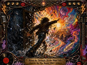 A lone figure bursts through a shattered doorway from smoky darkness into a radiant psychedelic world of gold, orange, magenta, violet, and teal. Flying glass, swirling color, crowds, cosmic forms, and dramatic backlighting create a rebellious, transformative mood, framed by ornate rock-inspired metalwork, instruments, neon accents, and an engraved title plate.