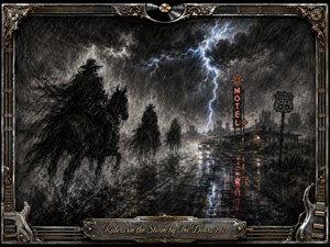 Ghostly riders emerge through driving rain along a deserted Route 66 highway beneath violent lightning and swirling charcoal clouds. Wet pavement mirrors cold blue flashes and the warm red glow of a lonely motel sign. Deep textured charcoal, smoky grays, and ornate chrome-gold musical framing create a haunting, cinematic atmosphere of mystery and motion.