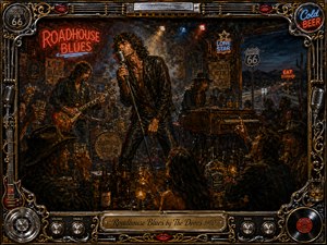 A smoky roadside roadhouse erupts with blues-rock energy as a leather-clad singer commands the stage beside guitar, organ, and drums. Warm amber, crimson neon, midnight blue, and chrome highlights glow through haze. Thick oil-painted textures, lively patrons, whiskey bottles, Route 66 imagery, and an ornate musical frame create gritty nocturnal nostalgia.