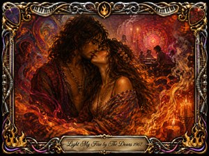 A passionate hippie couple embraces amid a fiery psychedelic dreamscape glowing with deep reds, oranges, golds, and smoky purples. Swirling flames, candlelight, musicians, and hypnotic patterns create a seductive 1960s atmosphere. Rich painterly textures blend oil, acrylic, and watercolor effects within an ornate chrome-and-gold musical frame.