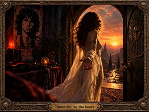 A mysterious woman in a flowing ivory gown reaches toward the viewer from a shadowy 1960s bohemian room, opening onto a fiery desert sunset. Warm amber, copper, and crimson light contrast with deep blacks, creating sensual tension. Psychedelic details, a spinning record, candlelight, ornate bronze framing, and carved motifs deepen the handcrafted, cinematic atmosphere.