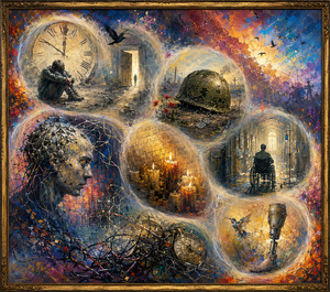 Broken time, damaged identity, and fragile recovery unfold through six misty visions. A lonely figure sits beneath an enormous clock, a helmet rests among poppies, mechanical wires surround a fractured face, candles burn like remembrance, a wheelchair faces distant light, and a prosthetic limb stands beside a hovering bird amid vivid painted chaos.