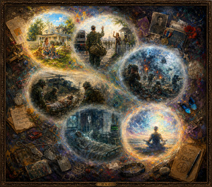 A peaceful family garden becomes a farewell, battlefield panic, urgent rescue, hospital stillness, and a final dream of peace. The glowing memory bubbles move gently through an S curve, surrounded by medals, letters, toys, watches, dog tags, photographs, butterflies, and handwritten promises, creating a deeply personal journey from innocence to survival.