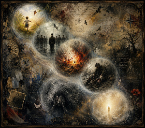 A child running with a kite begins the journey, followed by military formation, explosive destruction, a wounded soldier, crushing inner noise, and a final walk into golden light. Six soft memory bubbles form a strong S curve across a richly textured surface filled with clocks, dog tags, birds, photographs, diagrams, feathers, and symbols.