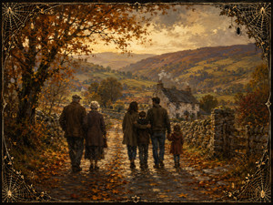 Three generations walk together along an autumn lane toward a welcoming stone cottage beneath rolling hills. Fallen leaves, chimney smoke, weathered walls, and golden evening light celebrate continuity and belonging. Ornate spider webs and tiny spiders form an heirloom border around this heartfelt journey through family, countryside, and shared memory.
