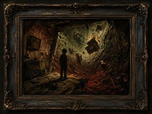 Step into a fractured world where memory, fear, and chaos collide. A solitary figure faces a swirling void of broken furniture, splintered rooms, and shadowed debris, all captured in rich, dramatic brushwork. Framed in distressed black and antique gold, this haunting piece transforms emotional unrest into unforgettable visual power and art.