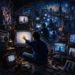 A solitary figure reaches toward a glowing television amid a maze of vintage screens, radios, and shadowy reflections. Deep blues and warm amber lights create a haunting 1980s atmosphere. Repeated images stretch into the city night, suggesting loneliness, obsession, memory, and the irresistible need to turn everything on again, forever.