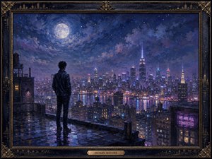A solitary figure stands above a glowing city, surrounded by moonlight, restless clouds, and shimmering reflections. The scene captures quiet curiosity and emotional distance, suggesting a search for connection within the vast urban night. Delicate architectural details in the dark ornate frame reinforce its mysterious, contemplative atmosphere.