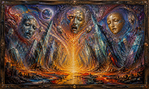 Enormous cracked masks float above a shattered crystalline city as molten light erupts through its center. Swirling purples, blues, and fiery oranges surge between leaning towers, turning emotional strain into a cosmic storm. The ornate bronze frame heightens the sense of intensity, confinement, and human feeling pressed to the breaking point.