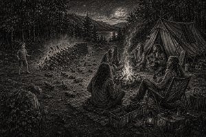 Moonlit chaos erupts at a forest campsite as a loosened support peg sends a towering bottle pyramid cascading apart. Bottles tumble, bounce, shatter, and scatter through swirling dust while a startled boy stands safely aside. Around the glowing fire, five hippies react in astonishment beneath the charcoal-darkened stars and trees.