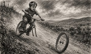 Feel the rush of childhood adventure in this dramatic charcoal scene. A frightened young rider races down a rugged hillside as his bicycles front wheel breaks free and rolls ahead. Rich shading, flying dust, and sweeping countryside detail capture panic, motion, and unforgettable storytelling in every expressive stroke, beautifully rendered.