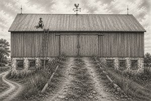 A weathered two-level barn dominates the countryside sketch, with whitewashed stone walls, grimy windows, aged timber siding, and broad shingled roof. A rugged grass-lined ramp reaches central loft doors, while a ladder climbs toward a seated boy. Lightning rods, rooster weathervane, winding laneway, and scattered farm relics complete the scene.