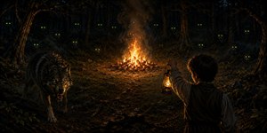 Lantern light and a roaring campfire pierce the darkness of an ancient woodland, where a lone boy faces a terrifying approaching wolf. Fifteen pairs of glowing green eyes surround the clearing, hidden among tangled trees and mist. Rich firelight, deep shadows, and cinematic detail create suspense, danger, and lasting mystery.