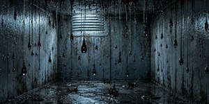 Inside a cold steel chamber, thick black liquid hangs from the ceiling in glossy strands and heavy droplets. Rusted walls glisten beneath pale industrial light, while falling drops strike reflective puddles, forming sharp splash crowns. The enclosed space feels damp, mechanical, claustrophobic, and ominously alive with slow, relentless movement throughout.