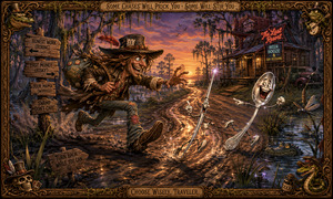 A ragged, wide-eyed traveler charges through a glowing southern swamp, chasing a mischievous silver needle and laughing spoon down a muddy road. Crooked signs warn of risky choices while frogs, alligators, and strange swamp characters watch. A rustic carved frame completes the lively, comical fantasy scene.