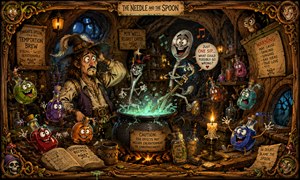 Inside a crooked tree tavern, a confused wanderer watches an enchanted needle and jubilant spoon stir a bubbling green cauldron. Animated potion bottles dance across shelves and tables while humorous warning signs predict chaos, embarrassment, and regret. Warm lantern light and a detailed wooden frame create a rich storybook atmosphere.