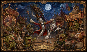 A needle ringmaster and cheerful spoon sidekick command a moonlit fantasy carnival filled with goblins, frogs, rabbits, owls, and laughing spectators. Behind them, a runaway roller coaster and crooked game booths promise strange prizes and questionable luck. An ornate carnival frame surrounds the busy, theatrical celebration.