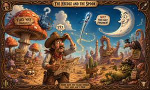 A bewildered cowboy studies a useless map while a floating magical needle deliberately points him in the wrong direction. Giant mushrooms, twisted stone arches, a grinning spoon-shaped moon, strange signposts, and lazy desert creatures surround him. The warm, colorful landscape turns confusion and poor judgment into playful fantasy comedy.
