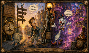 A sleepy young dreamer stands between a quiet road of responsibility and a sparkling alley promising effortless pleasure. A sly needle in a top hat and a clownish spoon tempt him toward neon lights, magical music, and Easy Street, while Common Sense and an anxious clock try to pull him home.