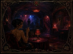 Inside a hidden basement lounge, a poised woman sits beneath crimson lamplight while shadowed musicians perform through the smoke. Velvet textures, deep plum tones, and Art Nouveau framing create an intimate world of temptation and secrecy, bringing timeless nightclub elegance and moody sophistication to any collection.