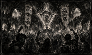 A rebellious crowd surges through a charcoal cathedral transformed into a thunderous dance club. A ghostly woman rises from smoke above the stage while a fractured disco sphere reflects sharp beams across ruined balconies. Raised fists, flying birds, and collapsing shadows turn the celebration into a haunting vision of resistance.