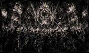 Inside a ruined industrial hall, thousands of dancers move beneath a suspended mirrored globe and towering speaker stacks. Charcoal haze, broken arches, chains, and crowded balconies frame the central platform. Wild figures leap above the audience as harsh light tears through darkness, capturing collective anger released through music and movement.