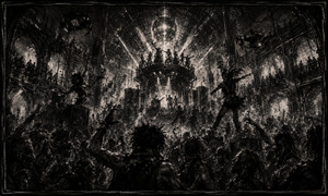 A vast gothic club becomes a cathedral of sound, packed wall to wall with shadowed dancers. Monumental speakers rise beside a glowing central orb while balconies overflow with spectators. Dense charcoal gradients, smoke, and piercing stage beams create an overwhelming atmosphere where rebellion, rhythm, and communal force become completely inseparable.