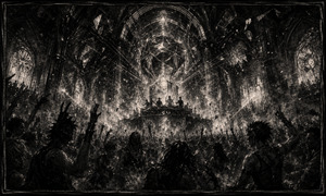 A fractured crystal formation hangs above a raised performance platform inside a shattered cathedral. Laser-like rays cut through charcoal smoke while dancers fill the nave and balconies. Floating debris, broken geometry, and stained-glass shadows suggest a society breaking apart, yet the crowd continues moving together beneath the unstable, flickering light.