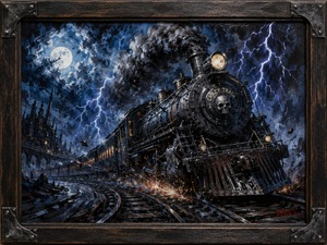 A black steam locomotive tears through a moonlit storm, throwing sparks across twisted rails as lightning fractures the sky. Heavy smoke, gothic towers, and glowing carriage windows create unstoppable momentum. The rugged wood-and-steel frame completes this dark, thunderous vision of speed, rebellion, and controlled chaos.