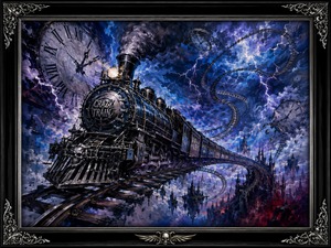 A surreal locomotive races across suspended tracks while giant clocks drift through an electric sky. Spiraling rails, fractured timepieces, lightning, and distant gothic spires transform the journey into a dream of madness and motion. An ornate black-and-silver frame gives the scene mysterious grandeur beyond reality.