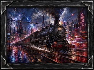 The Crazy Train charges through a rain-soaked industrial city, surrounded by neon reflections, snapping power lines, smoke, and glowing steel. Every brushstroke suggests noise, speed, and urban rebellion. A weathered charcoal frame with sharp metallic corners strengthens the paintings raw, mechanical midnight energy.
